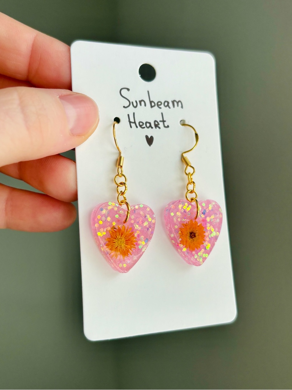 Sunbeam Heart Resin Earrings Handmade Real Dried Flower Pink Glitter Botanical